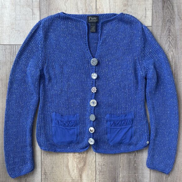 Pure Handknit Sweaters - Brooch Button Handknit Womens Cotton Cardigan Size SP Blue Granny Cottagecore